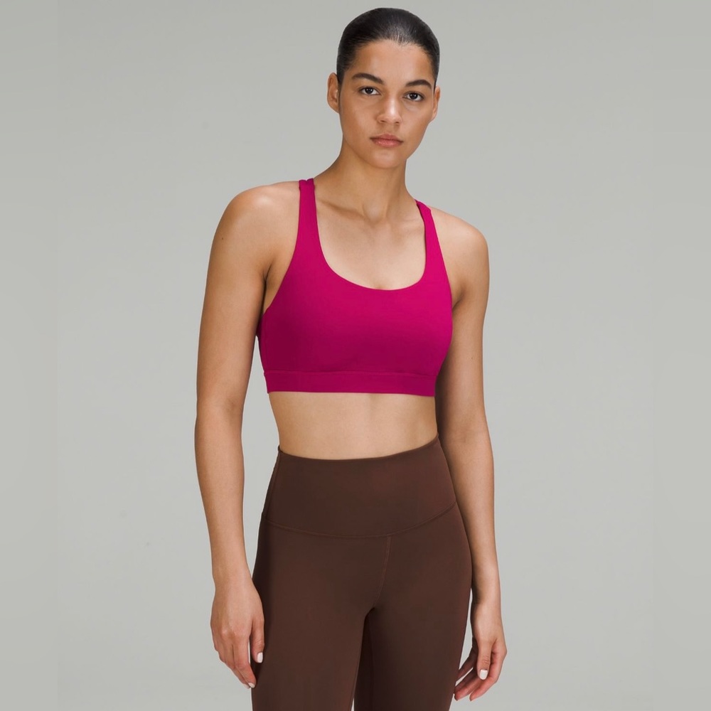 lululemon energy bra in *medium support, B-D Cups in berry magenta